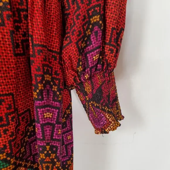 Farm Rio Yawanawa Stripes Long Sleeve Maxi Ankle Dress Red Brown Size Small New - Picture 8 of 13